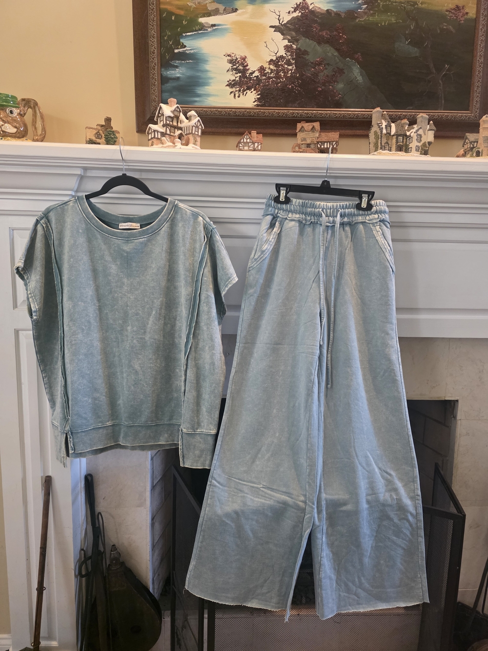 Zenana Outfitters Light Blue Acid Washed Wide-Leg Sweatpants And Matching Top